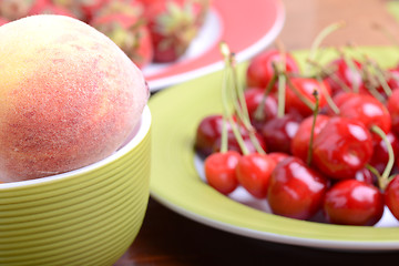 Image showing fresh fruits and berries mixed collection surface close up, summer health food