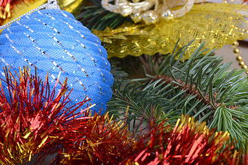 Image showing Christmas Baubles with tree branch, new year holiday concept 