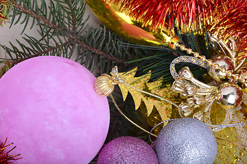 Image showing Christmas Baubles with tree branch, new year holiday concept 