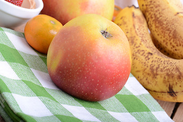 Image showing mandarin, bananas and apples, fresh food close up