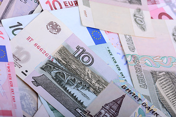 Image showing european and american money, hryvnia, rubble and dollars