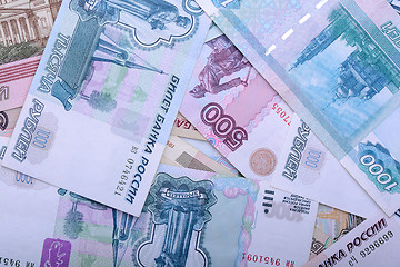 Image showing Russian money background. Rubles banknotes closeup texture