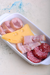 Image showing toasted white bread with salami and cheese