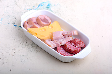 Image showing toasted white bread with salami and cheese