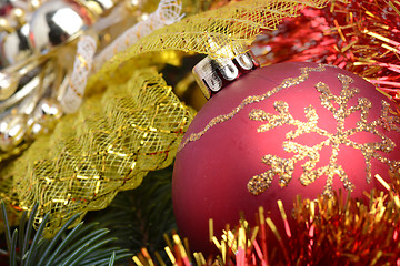 Image showing Christmas border with ornament, red present and snow