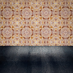 Image showing Wood table top and blur vintage ceramic tile pattern wall