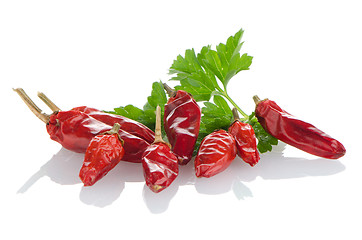 Image showing Red chili or chilli pepper and parsley leaves