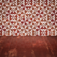 Image showing Wood table top and blur vintage ceramic tile pattern wall