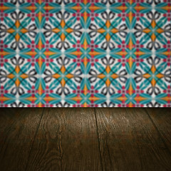 Image showing Wood table top and blur vintage ceramic tile pattern wall