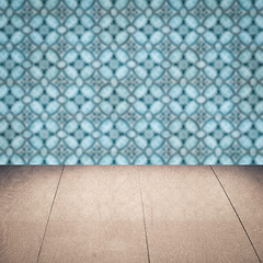 Image showing Wood table top and blur vintage ceramic tile pattern wall