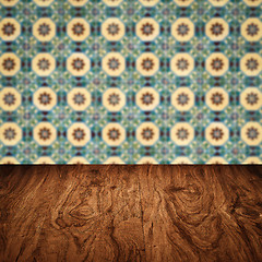 Image showing Wood table top and blur vintage ceramic tile pattern wall