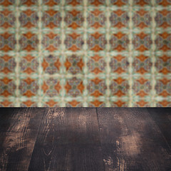 Image showing Wood table top and blur vintage ceramic tile pattern wall