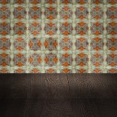 Image showing Wood table top and blur vintage ceramic tile pattern wall