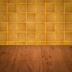 Image showing Wood table top and blur vintage ceramic tile pattern wall