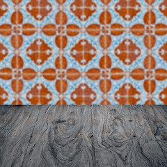 Image showing Wood table top and blur vintage ceramic tile pattern wall