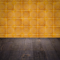 Image showing Wood table top and blur vintage ceramic tile pattern wall