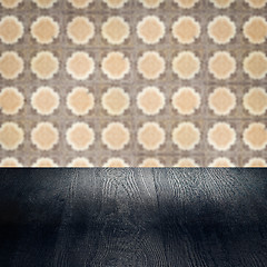 Image showing Wood table top and blur vintage ceramic tile pattern wall