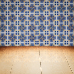 Image showing Wood table top and blur vintage ceramic tile pattern wall