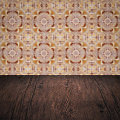 Image showing Wood table top and blur vintage ceramic tile pattern wall