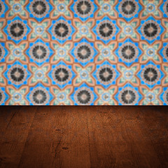 Image showing Wood table top and blur vintage ceramic tile pattern wall