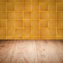 Image showing Wood table top and blur vintage ceramic tile pattern wall