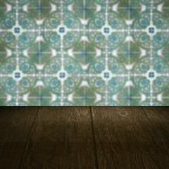 Image showing Wood table top and blur vintage ceramic tile pattern wall