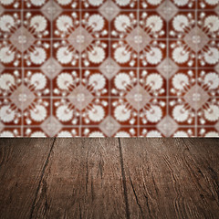 Image showing Wood table top and blur vintage ceramic tile pattern wall