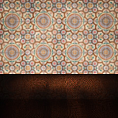 Image showing Wood table top and blur vintage ceramic tile pattern wall