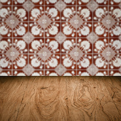 Image showing Wood table top and blur vintage ceramic tile pattern wall