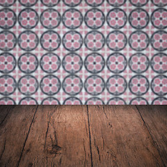 Image showing Wood table top and blur vintage ceramic tile pattern wall