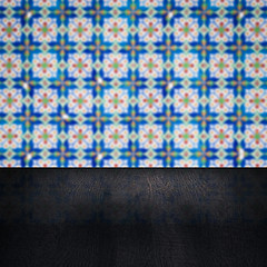 Image showing Wood table top and blur vintage ceramic tile pattern wall