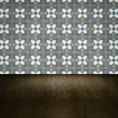 Image showing Wood table top and blur vintage ceramic tile pattern wall