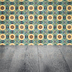 Image showing Wood table top and blur vintage ceramic tile pattern wall