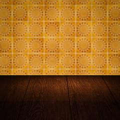 Image showing Wood table top and blur vintage ceramic tile pattern wall