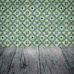 Image showing Wood table top and blur vintage ceramic tile pattern wall