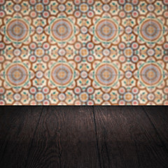 Image showing Wood table top and blur vintage ceramic tile pattern wall