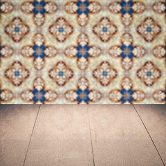 Image showing Wood table top and blur vintage ceramic tile pattern wall