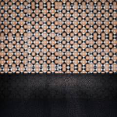 Image showing Wood table top and blur vintage ceramic tile pattern wall