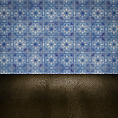 Image showing Wood table top and blur vintage ceramic tile pattern wall