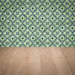 Image showing Wood table top and blur vintage ceramic tile pattern wall