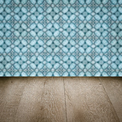 Image showing Wood table top and blur vintage ceramic tile pattern wall