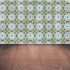 Image showing Wood table top and blur vintage ceramic tile pattern wall