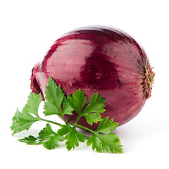 Image showing Red onion tuber and fresh parsley