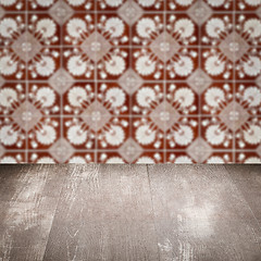 Image showing Wood table top and blur vintage ceramic tile pattern wall