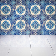 Image showing Wood table top and blur vintage ceramic tile pattern wall