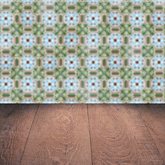 Image showing Wood table top and blur vintage ceramic tile pattern wall