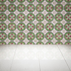 Image showing Wood table top and blur vintage ceramic tile pattern wall