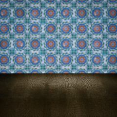 Image showing Wood table top and blur vintage ceramic tile pattern wall