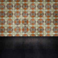 Image showing Wood table top and blur vintage ceramic tile pattern wall