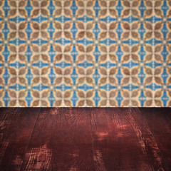 Image showing Wood table top and blur vintage ceramic tile pattern wall